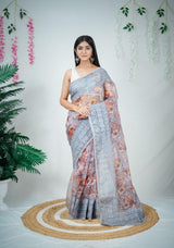 Orgenza || Grey Color Best Selling Embroidery Work Pure Organza Silk Saree With Running Blouse - Orgenza Store