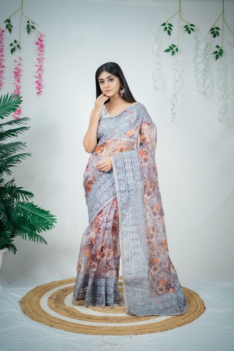 Orgenza || Grey Color Best Selling Embroidery Work Pure Organza Silk Saree With Running Blouse - Orgenza Store