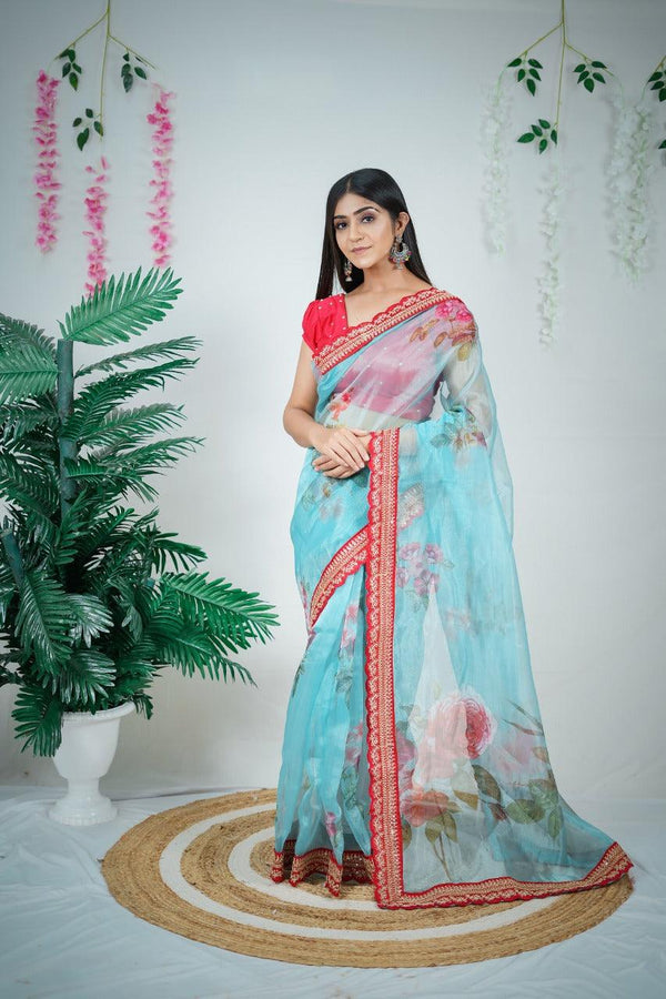 Orgenza Sky Color Heavy Flower Printed Pure Organza Silk Saree With Running Blouse - Orgenza Store