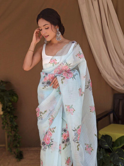 Orgenza ||Light  Skyblue Colour Digital Printed And Handwork Pure Organza Silk Saree With Blouse - Orgenza Store