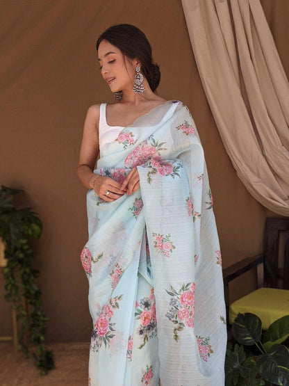 Orgenza ||Light  Skyblue Colour Digital Printed And Handwork Pure Organza Silk Saree With Blouse - Orgenza Store