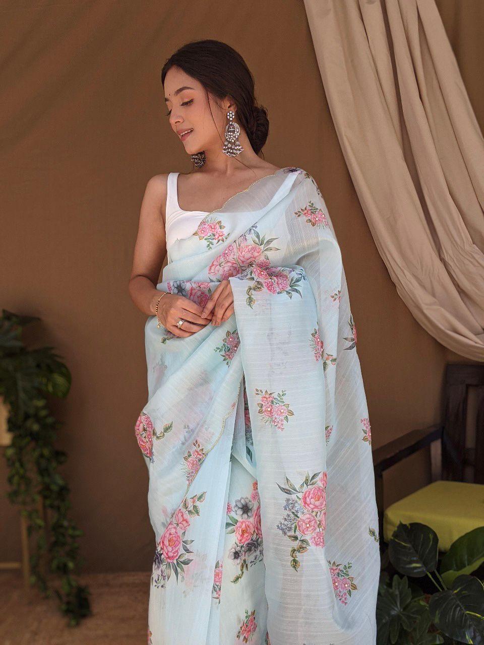 Orgenza ||Light Skyblue Colour Digital Printed And Handwork Pure Organza Silk Saree With Blouse - Orgenza Store - digisoch