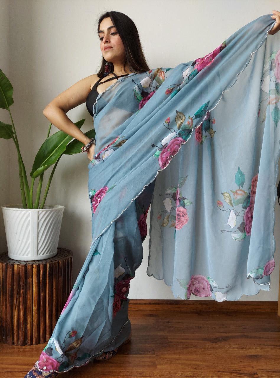 Soft georgette Light blue Color With Cut Work - Orgenza Store