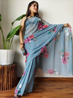 Soft georgette Light blue Color With Cut Work - Orgenza Store