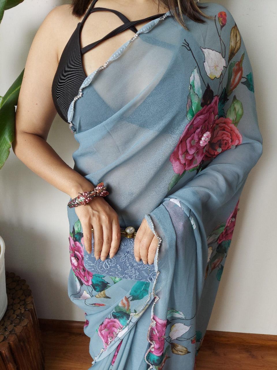 Soft georgette Light blue Color With Cut Work - Orgenza Store
