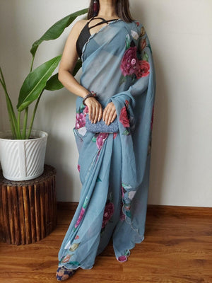 Soft georgette Light blue Color With Cut Work - Orgenza Store