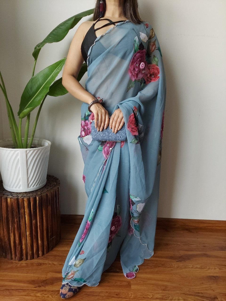 Soft georgette Light blue Color With Cut Work - Orgenza Store
