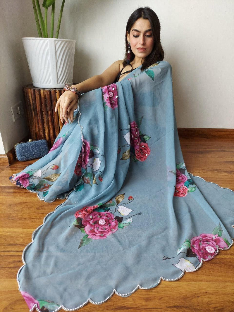 Soft georgette Light blue Color With Cut Work - Orgenza Store