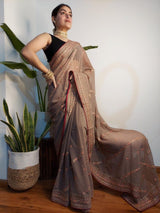 Soft georgette Silk Brown Color With Embroidery Border - Orgenza Store
