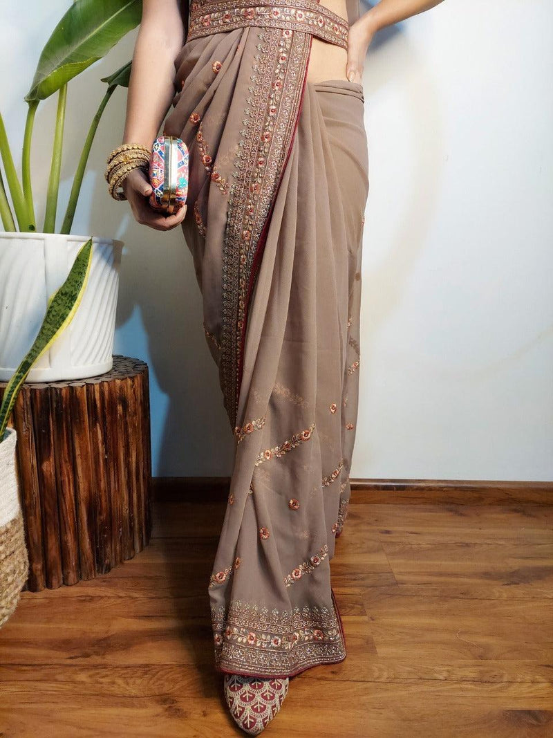 Soft georgette Silk Brown Color With Embroidery Border - Orgenza Store