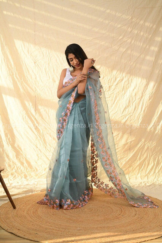 Multi Sky Color Organza Silk Saree - Orgenza Store