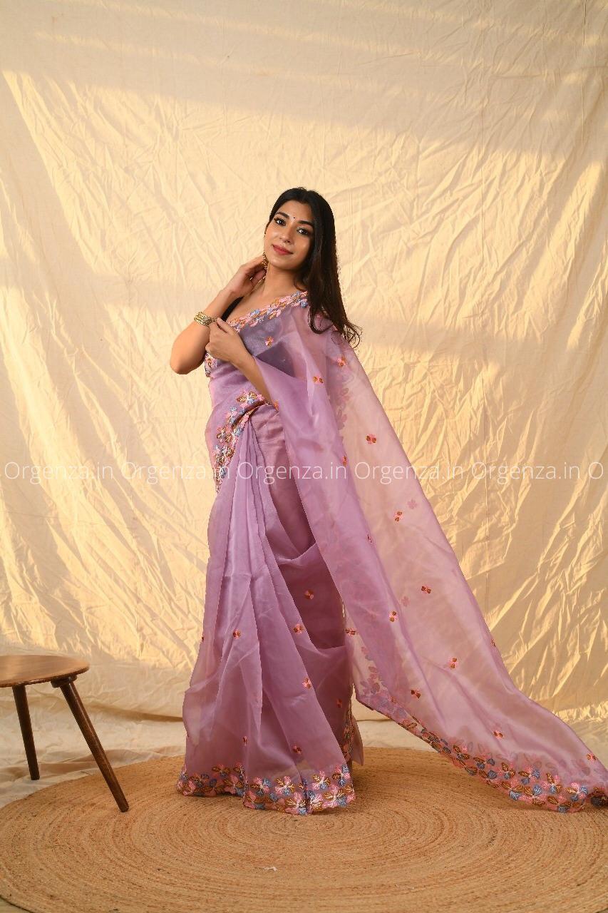 Purple Multi Color Soft Organza Saree With Blouse - Orgenza Store