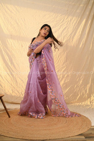 Purple Multi Color Soft Organza Saree With Blouse - Orgenza Store
