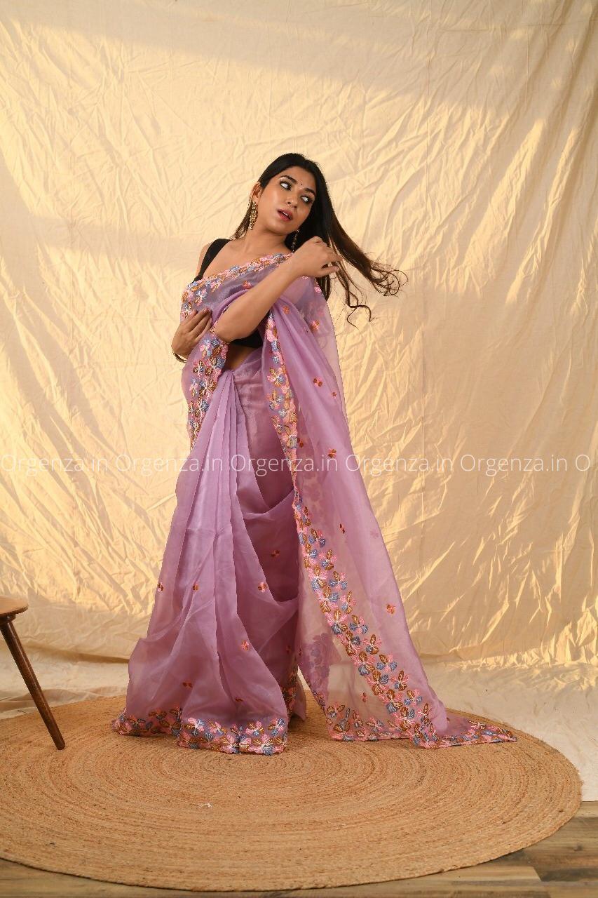Purple Multi Color Soft Organza Saree With Blouse - Orgenza Store