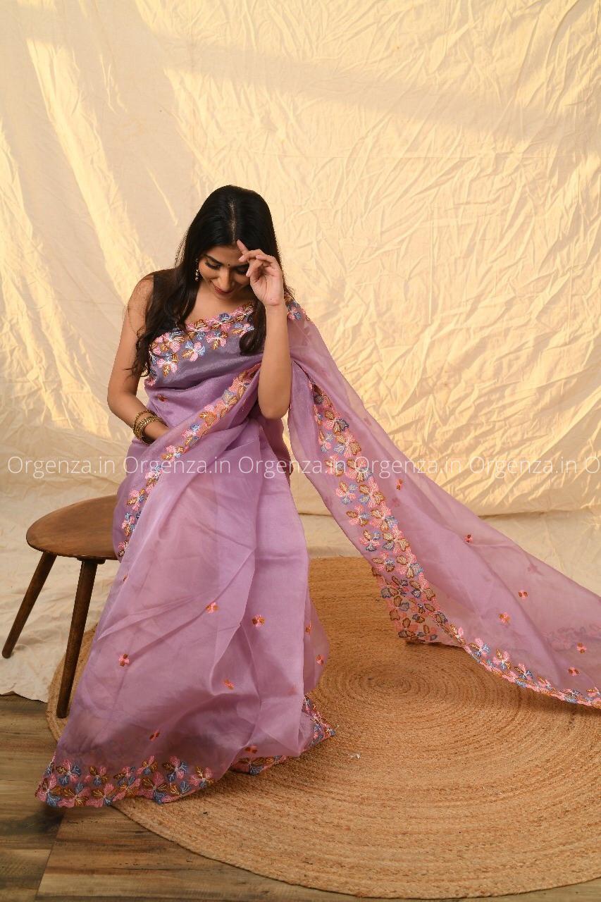 Purple Multi Color Soft Organza Saree With Blouse - Orgenza Store
