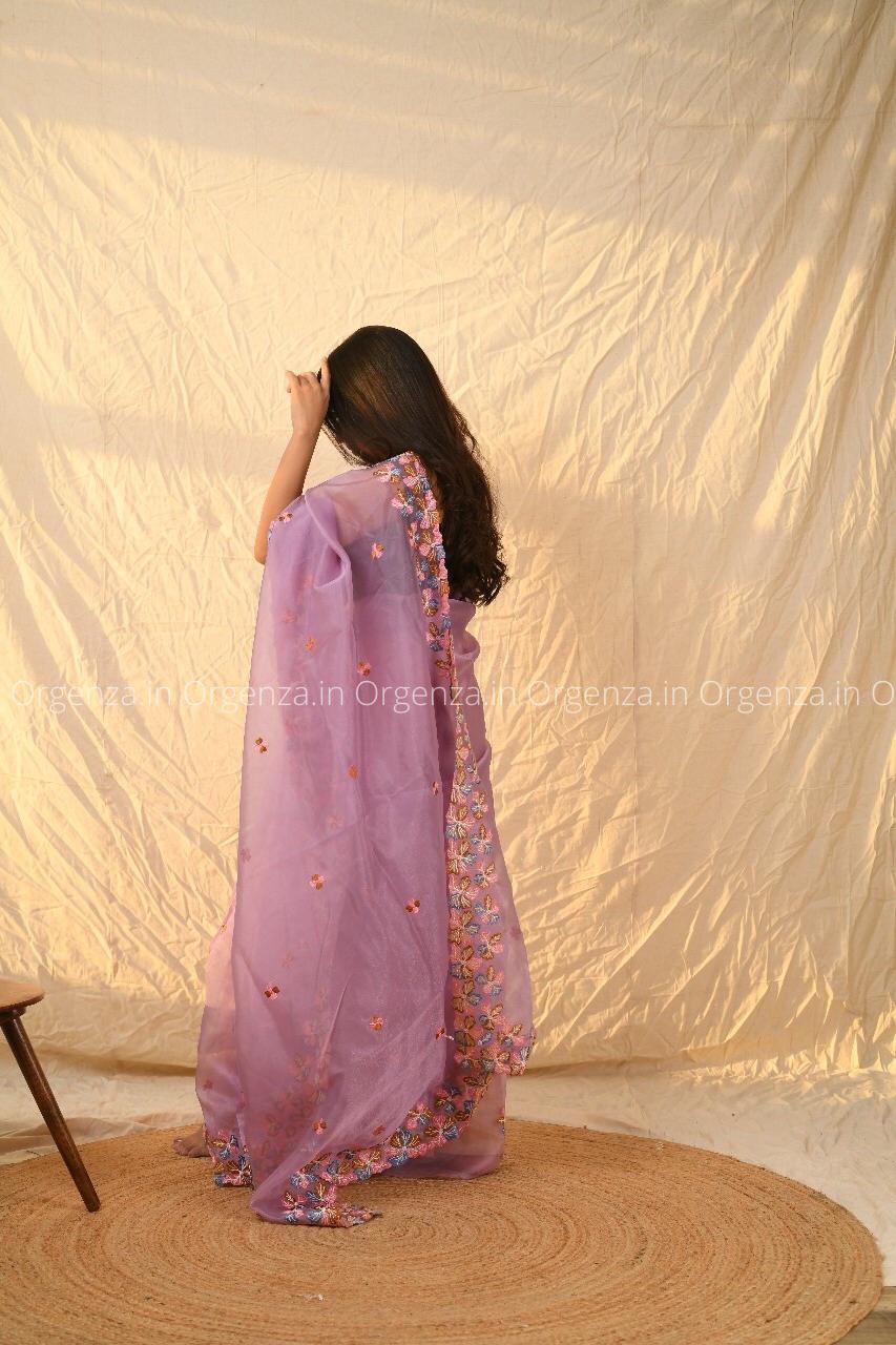 Purple Multi Color Soft Organza Saree With Blouse - Orgenza Store
