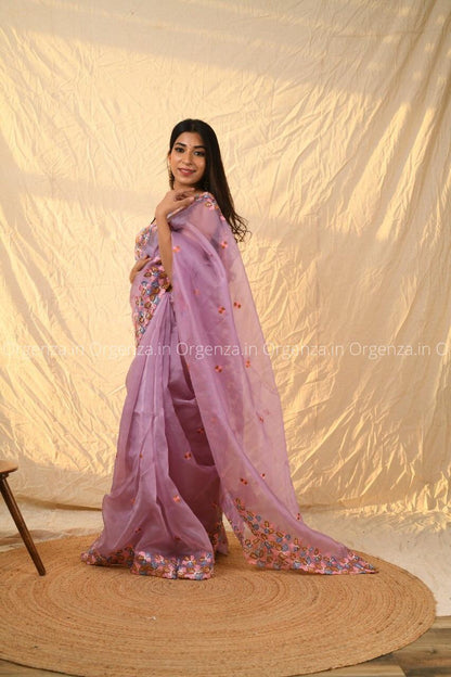 Purple Multi Color Soft Organza Saree With Blouse - Orgenza Store