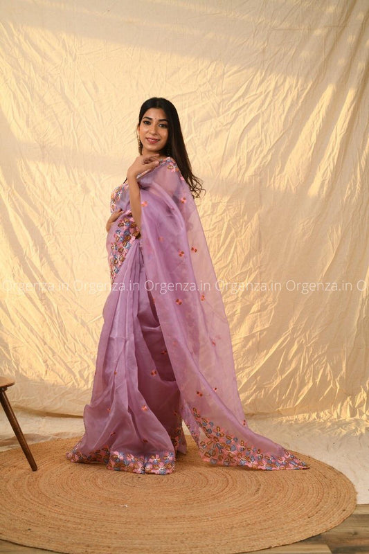 Purple Multi Color Soft Organza Saree With Blouse - Orgenza Store