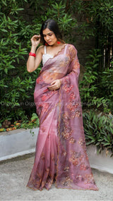 Light Beet Color Soft Organza Silk Saree With Floral Print - Orgenza Store
