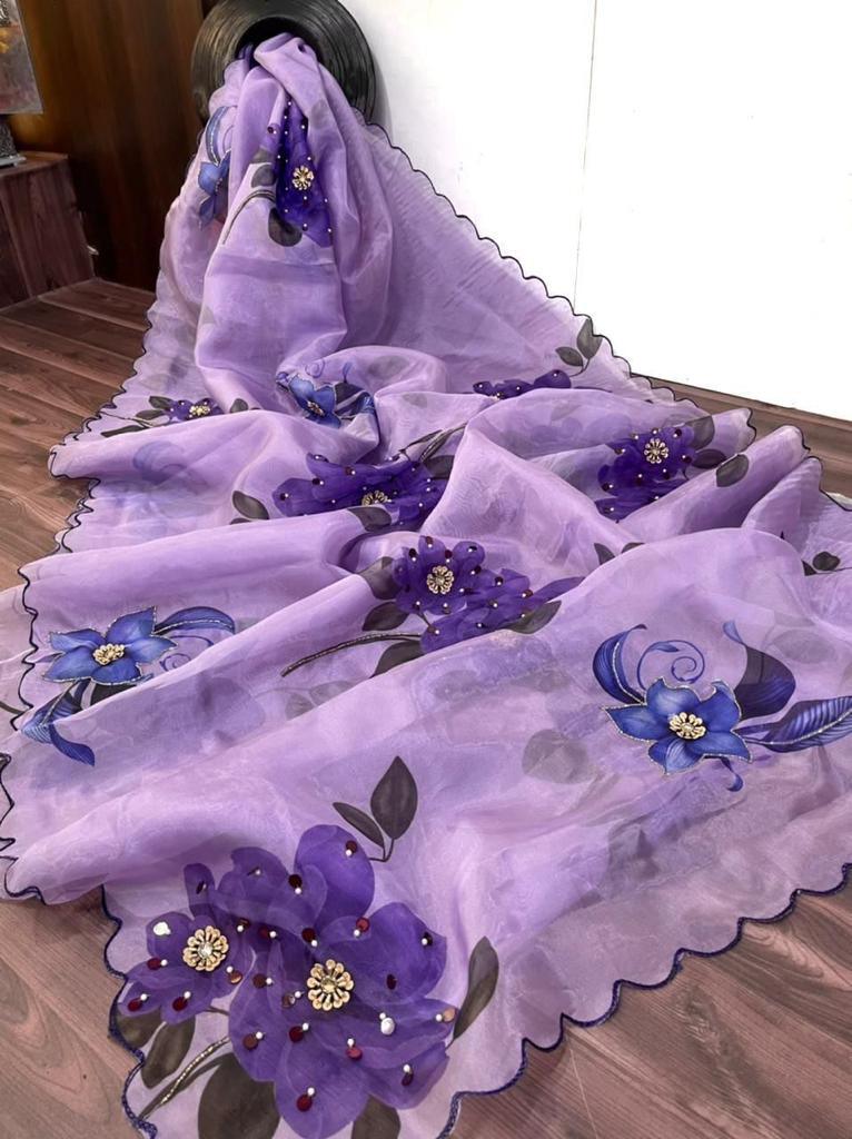Orgenza Sky Purple Color Pure Organza Silk And Stone Work And Printed Flower Saree With Contrast Blouse - Orgenza Store - digisoch