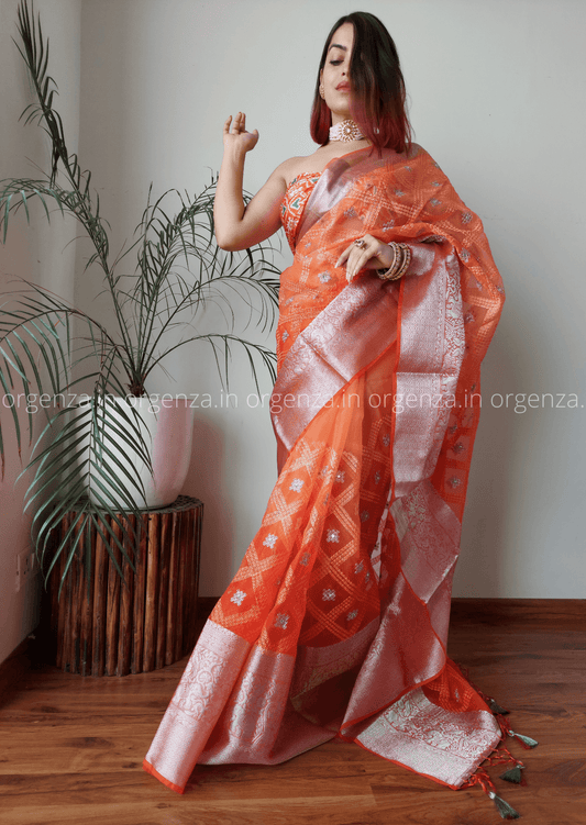 Kora Orange Organza Silk Saree With Elephant Zari Border - Orgenza Store
