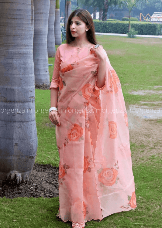 Peach Hand Print Organza Saree - Orgenza Store