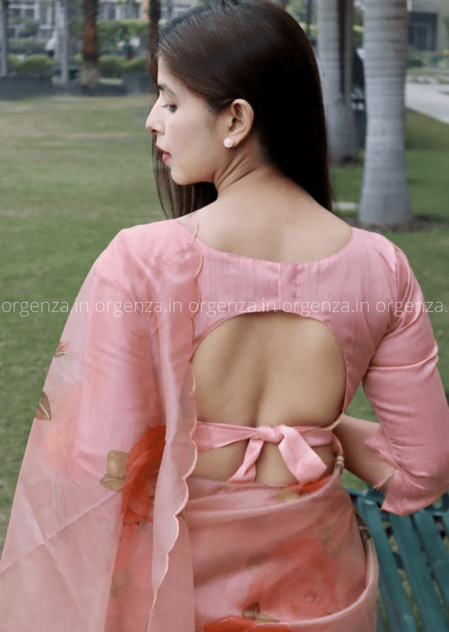 Peach Hand Print Organza Saree - Orgenza Store