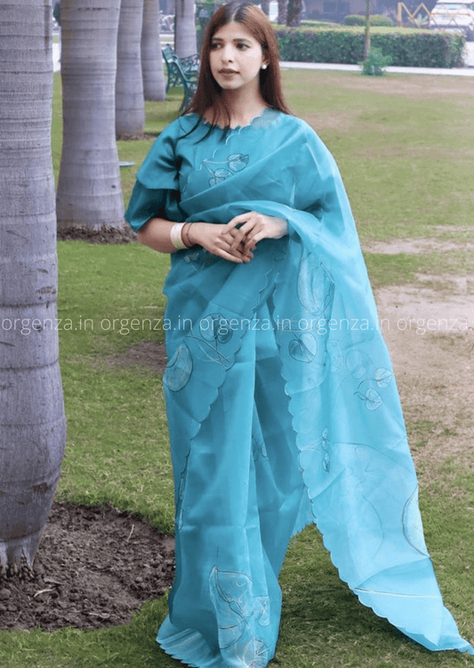 Aqua Blue Hand Print Organza Saree - Orgenza Store