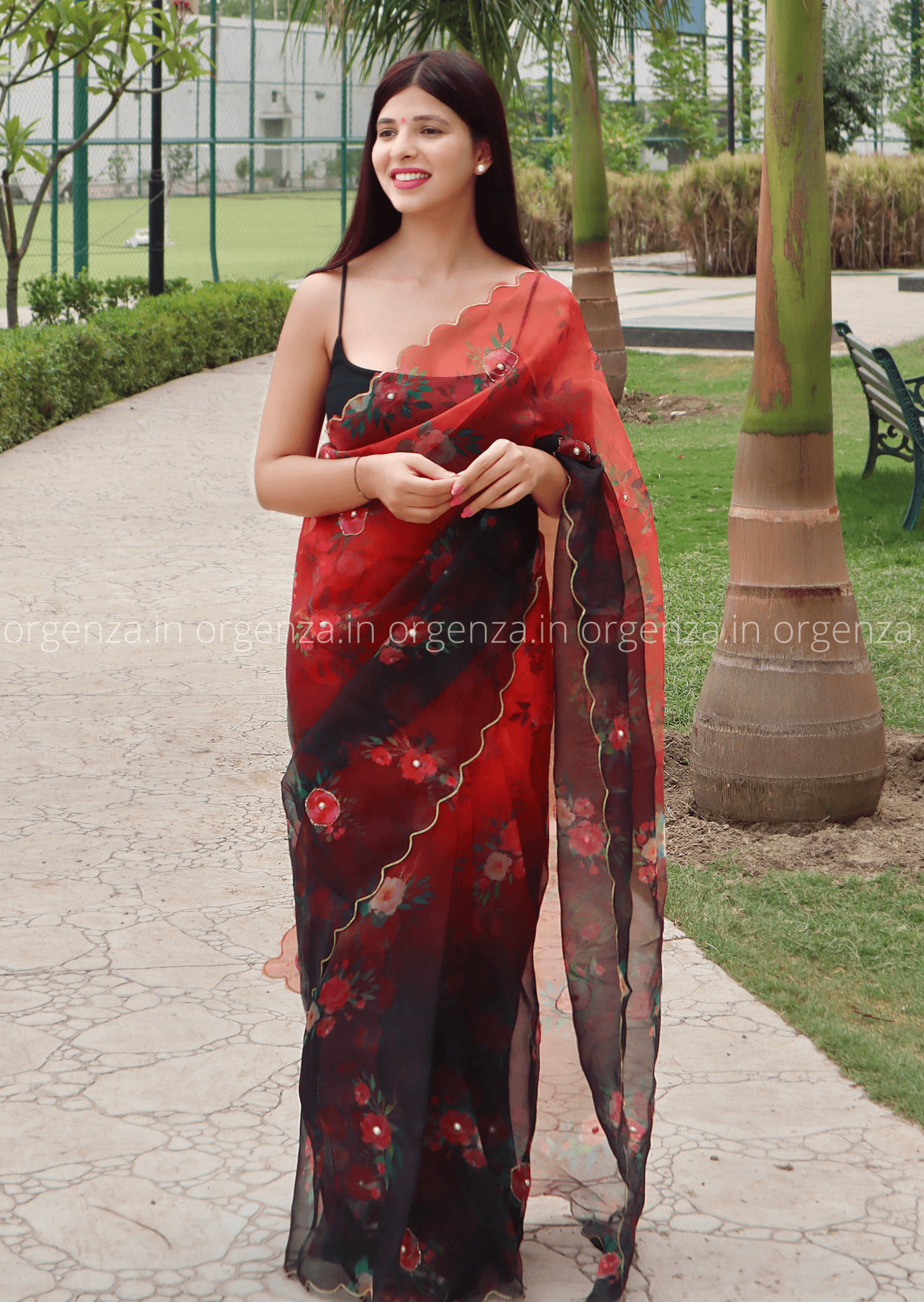 Red And Black Soft Organza Multi Colour With Readymade Blouse - Orgenza Store
