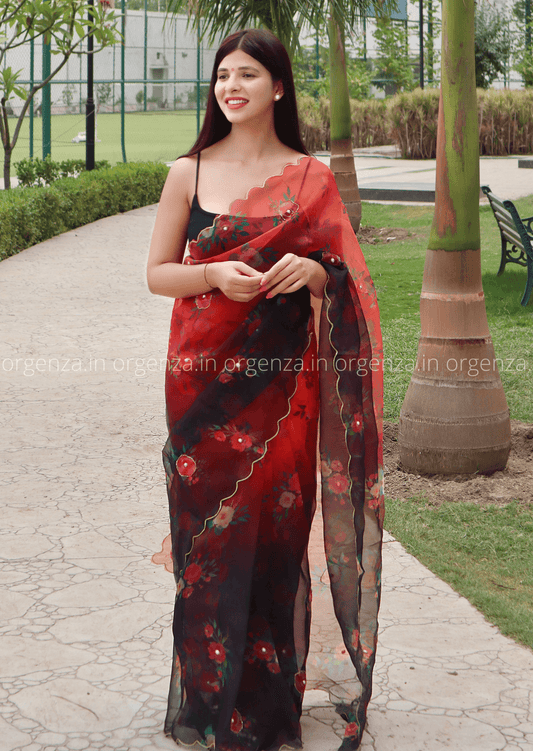 Red And Black Soft Organza Multi Colour With Readymade Blouse - Orgenza Store