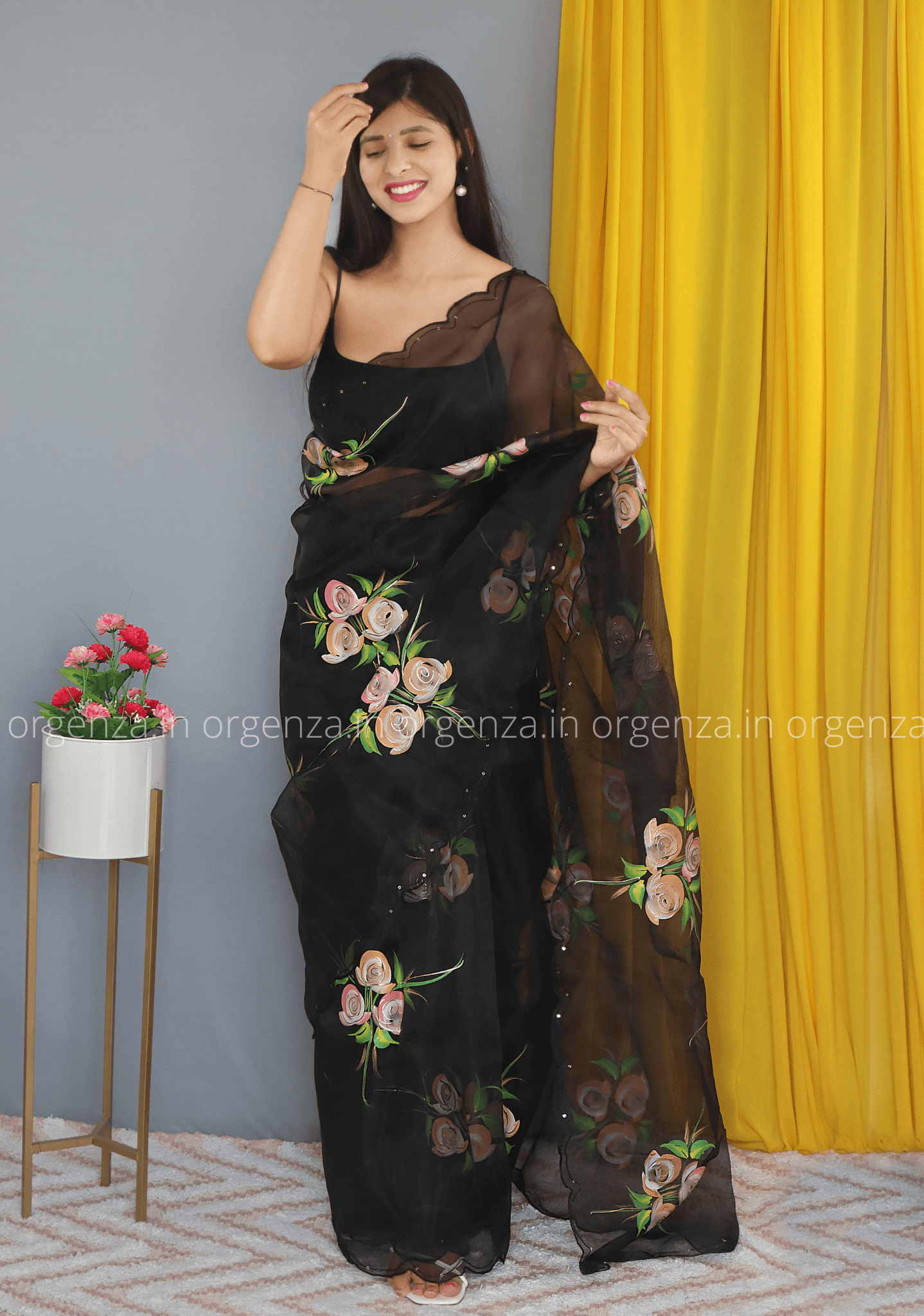 Black Hand Print Organza Saree With Blouse - Orgenza Store - digisoch