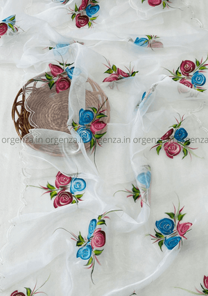 White Hand Print Organza Saree - Orgenza Store - digisoch