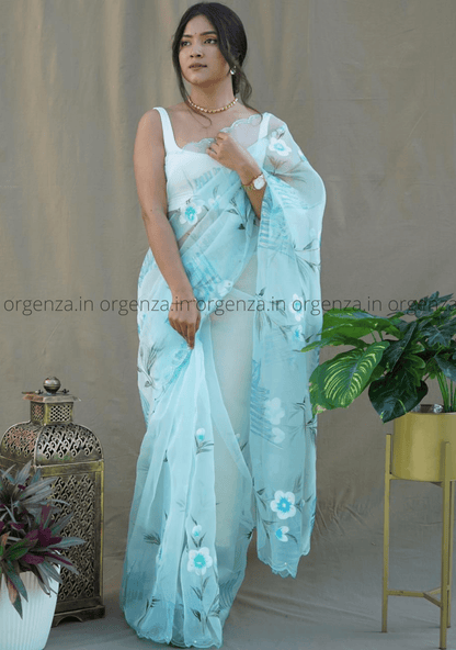 Light Sky Hand Printed Organza Saree - Orgenza Store