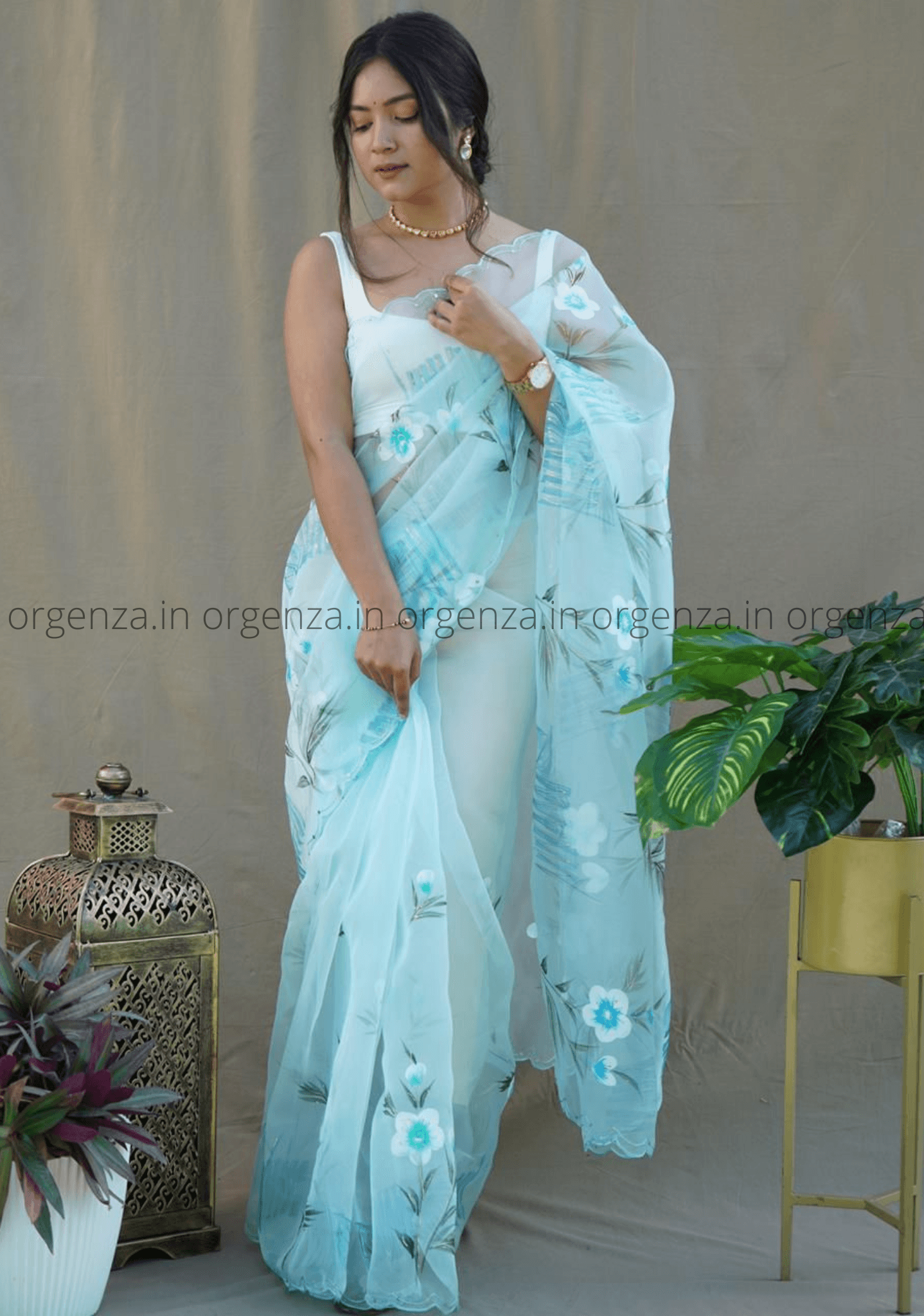 Light Sky Hand Printed Organza Saree - Orgenza Store