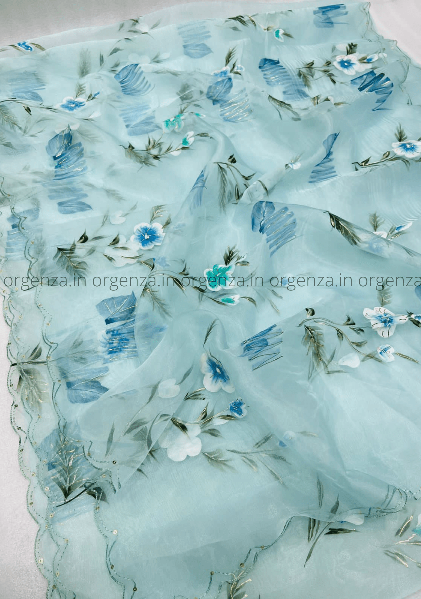 Light Sky Hand Printed Organza Saree - Orgenza Store