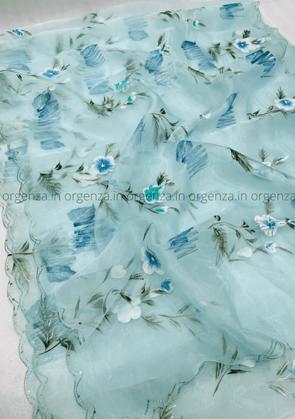 Light Sky Hand Printed Organza Saree - Orgenza Store