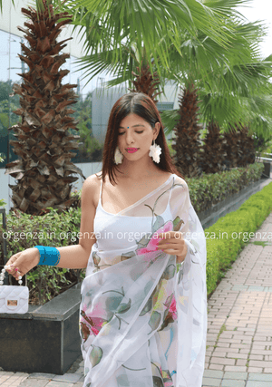 White Organza Saree With Floral Print And Handwork - Orgenza Store