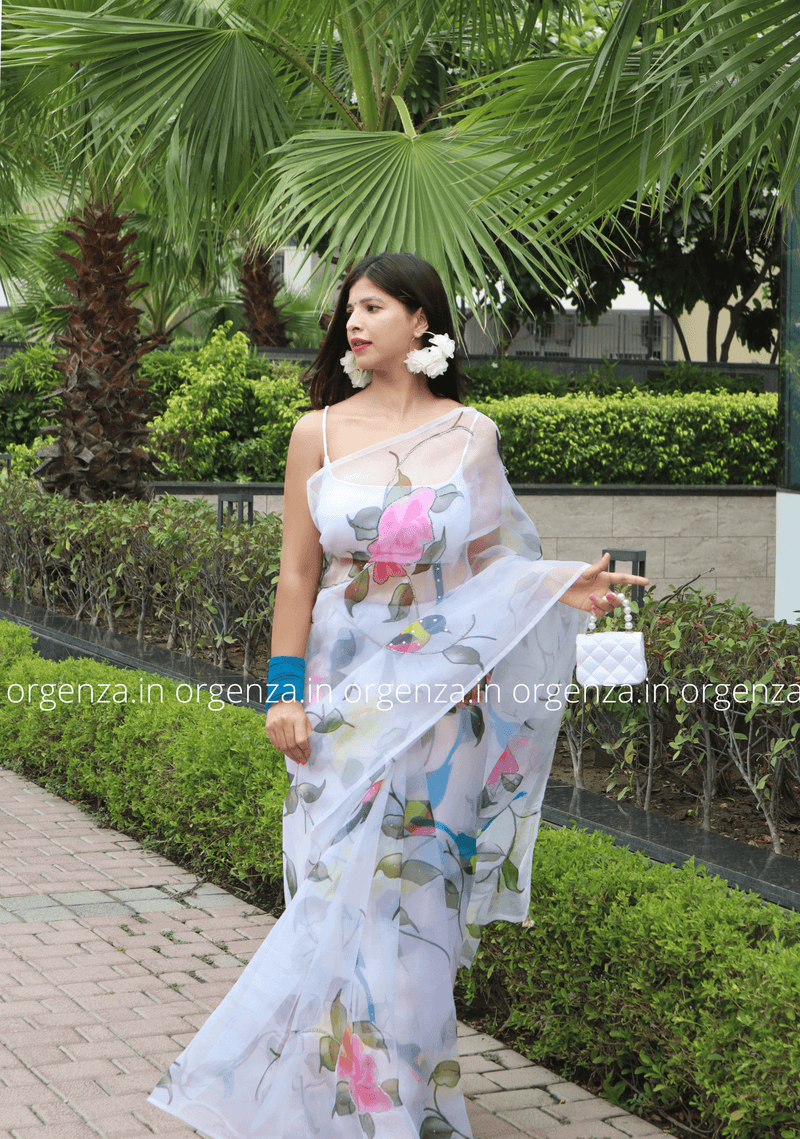 White Organza Saree With Floral Print And Handwork - Orgenza Store