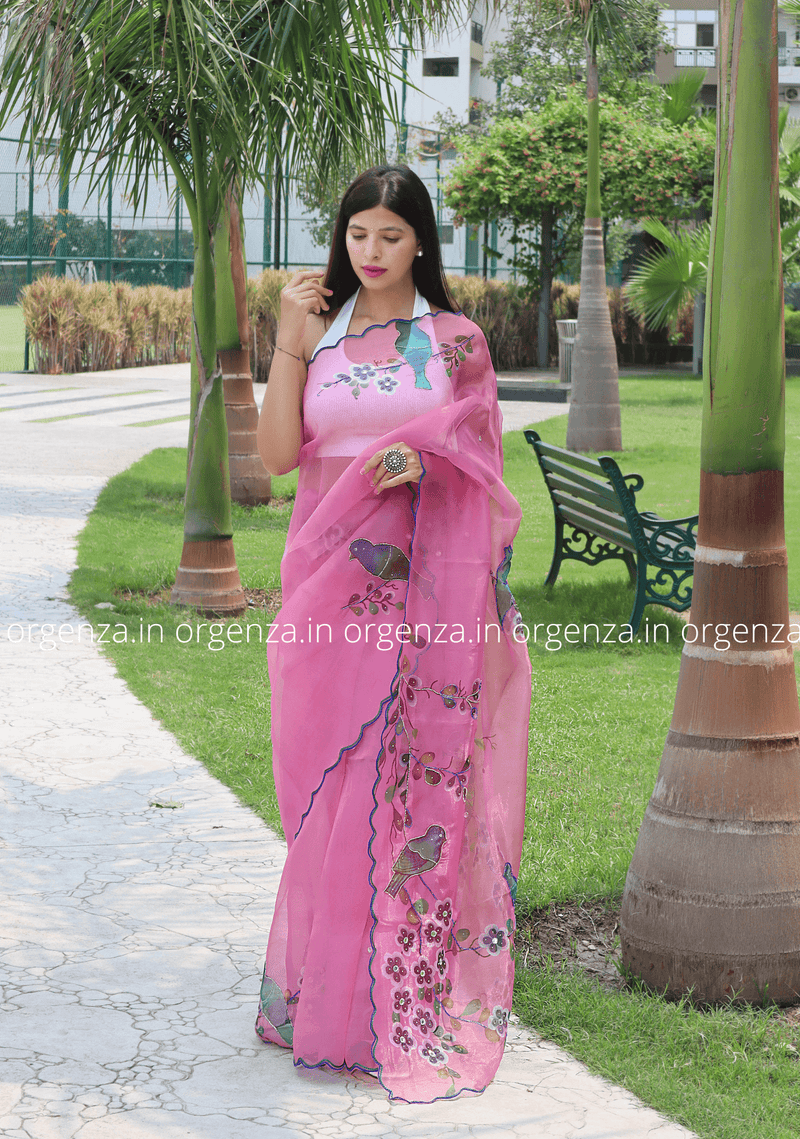 Orgenza Light Baby Pink Color Pure Organza Silk And Flower Embroidery Work  With Contrast Blouse at Rs 1699, Organza Saree