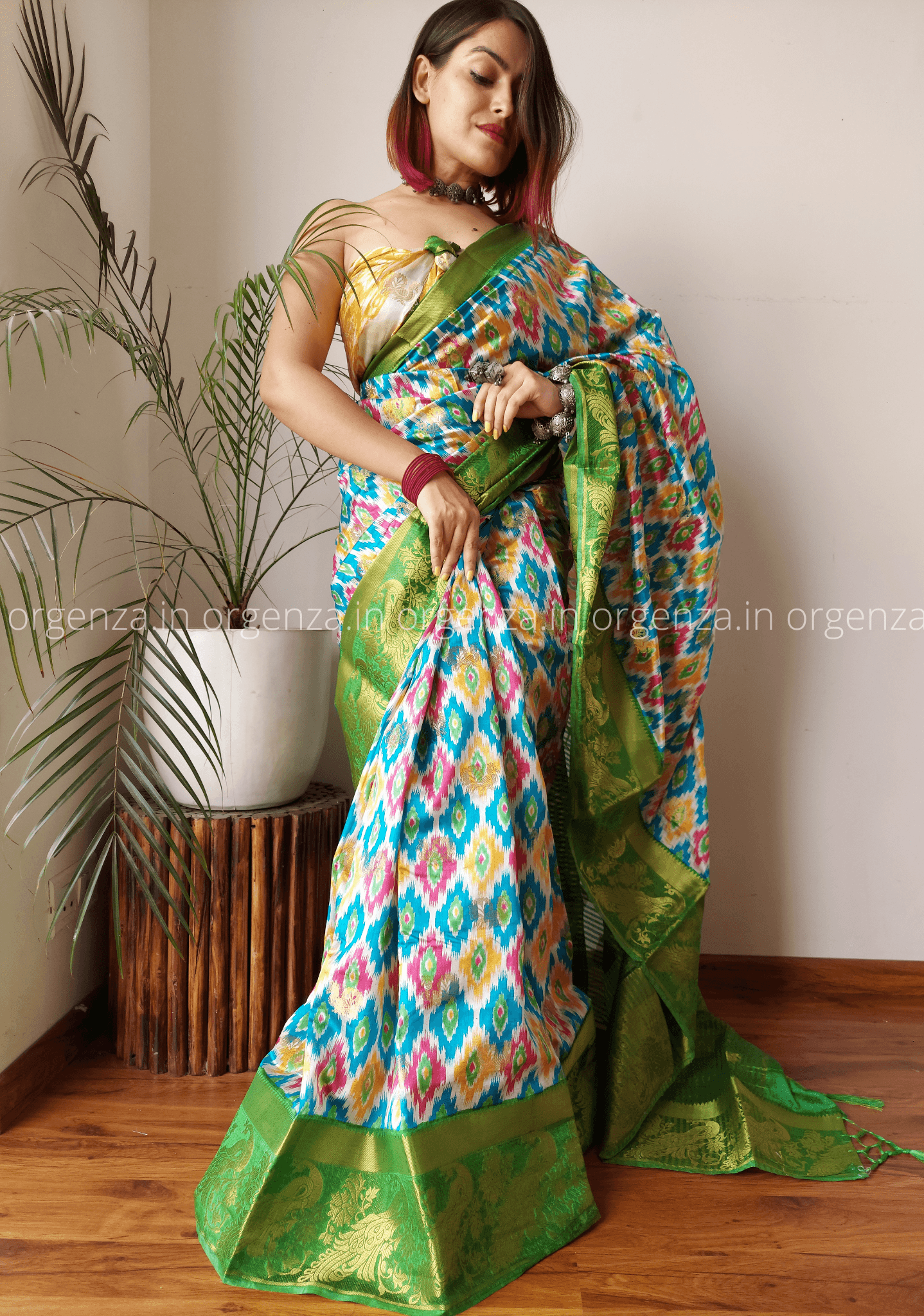 Soft Raw Silk Ikkat Saree With Gold Zari Weaving - Orgenza Store