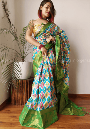 Soft Raw Silk Ikkat Saree With Gold Zari Weaving - Orgenza Store