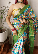 Soft Raw Silk Ikkat Saree With Gold Zari Weaving - Orgenza Store