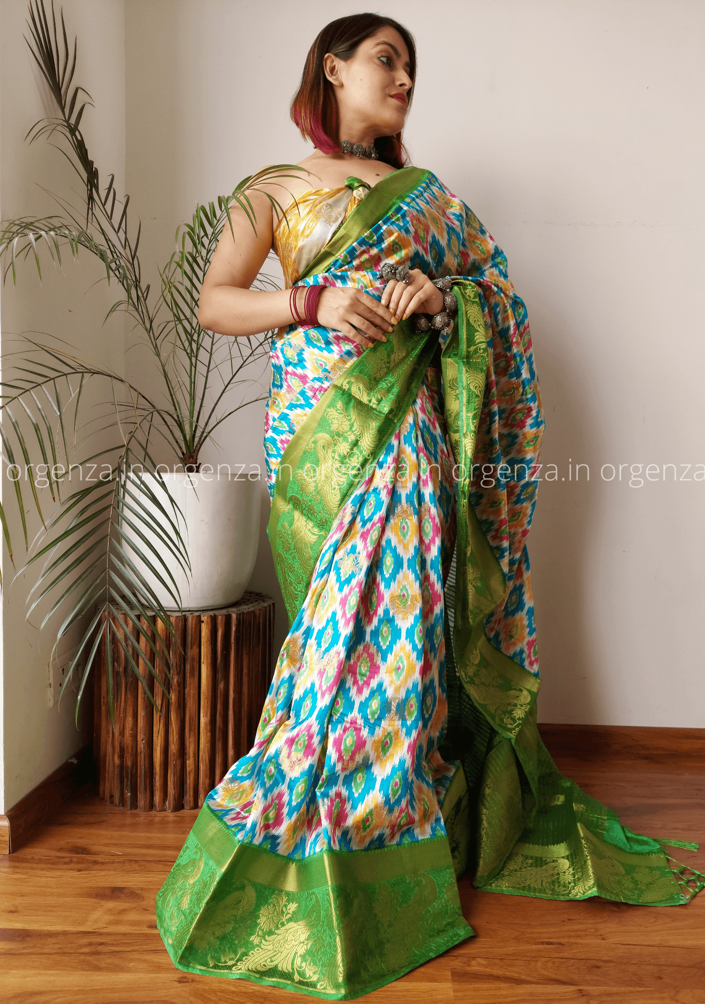 Soft Raw Silk Ikkat Saree With Gold Zari Weaving - Orgenza Store