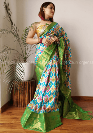 Soft Raw Silk Ikkat Saree With Gold Zari Weaving - Orgenza Store