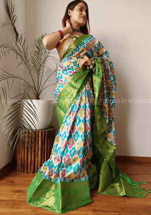 Soft Raw Silk Ikkat Saree With Gold Zari Weaving - Orgenza Store