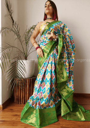 Soft Raw Silk Ikkat Saree With Gold Zari Weaving - Orgenza Store