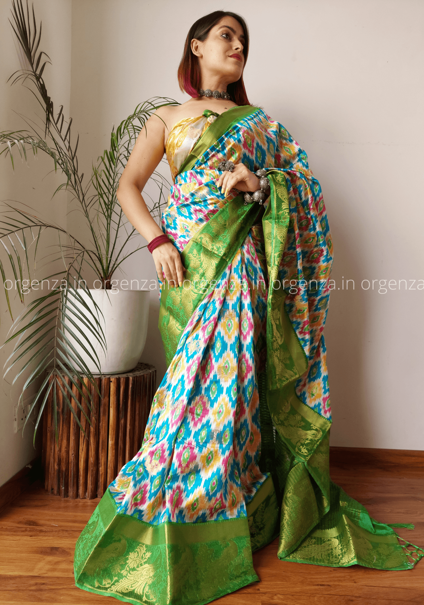 Soft Raw Silk Ikkat Saree With Gold Zari Weaving - Orgenza Store