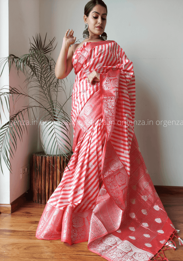 Soft Row Silk Saree With Silver Zari Weaving - Orgenza Store