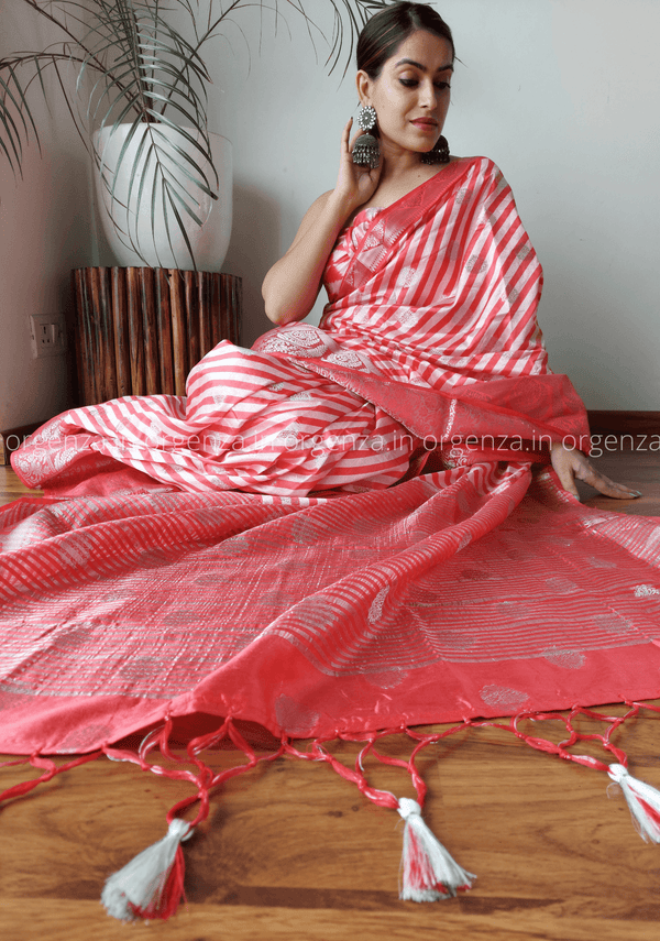 Soft Row Silk Saree With Silver Zari Weaving - Orgenza Store