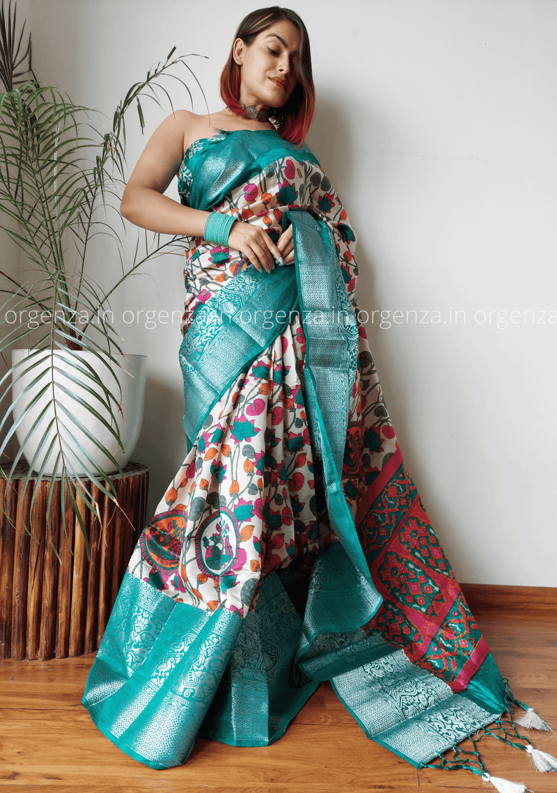Silk Jacquard Weaving Saree With Kolkata Hand Print - Orgenza Store